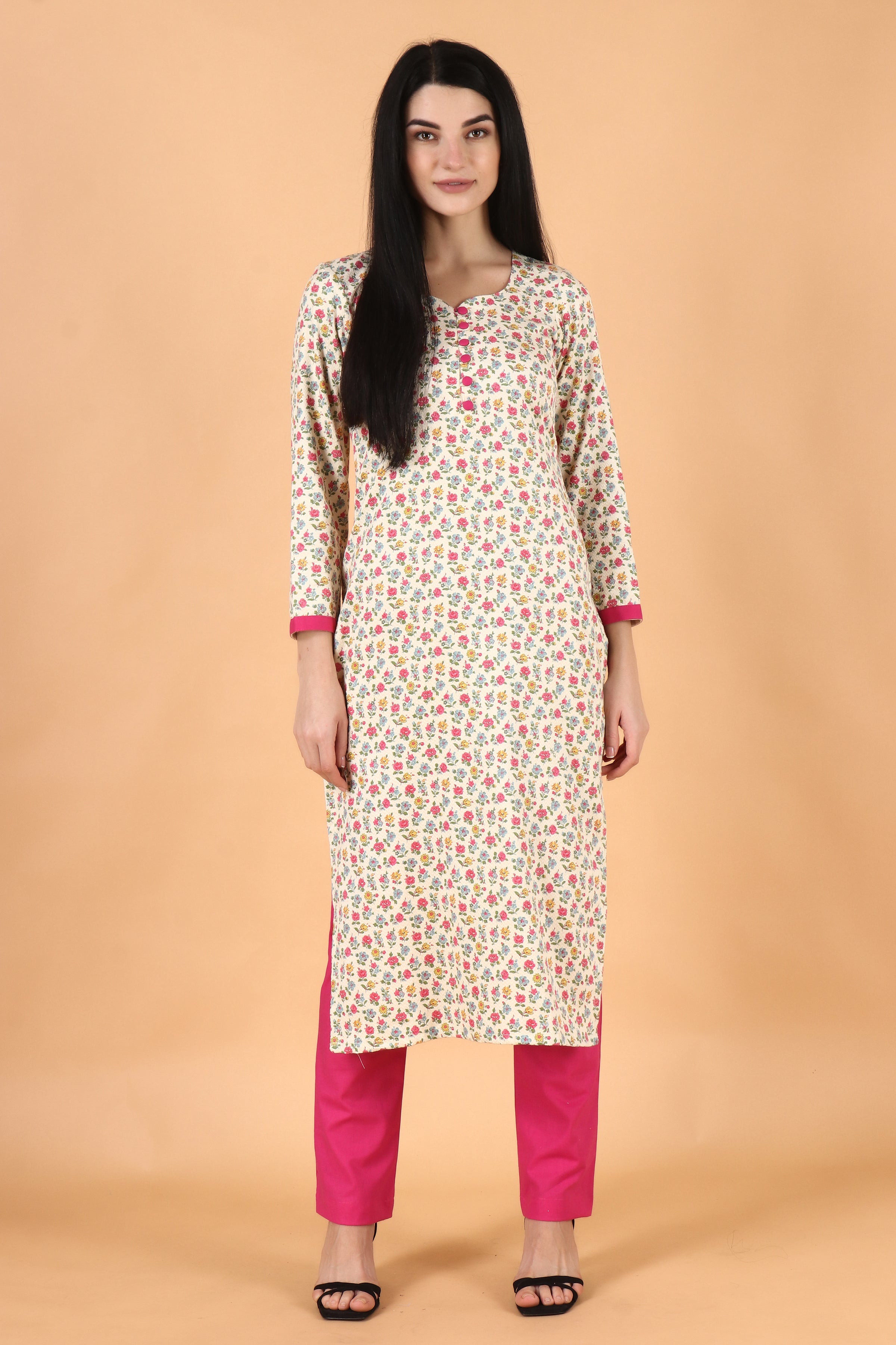 Anouk - By Myntra Kurti Set For Women Indian Style Mandarin Collar Pink  Solid Polyester Calf Length Yarn Dyed Regular Kurta with Trousers Kurti Set  Party Wear - Walmart.com